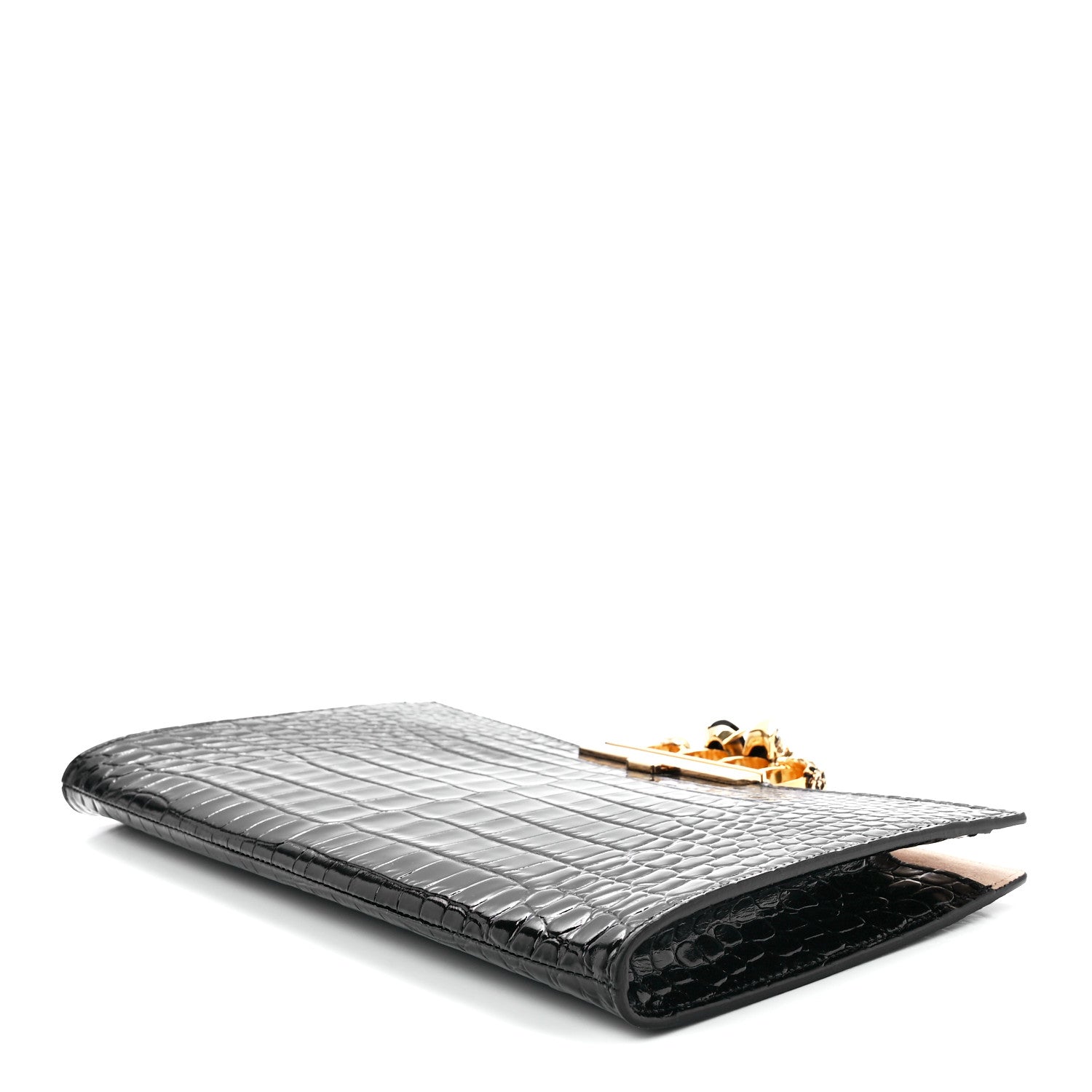 Alexander McQueen Calfskin Crocodile Embossed Knuckle Flat Clutch Black Gold 8 of 11