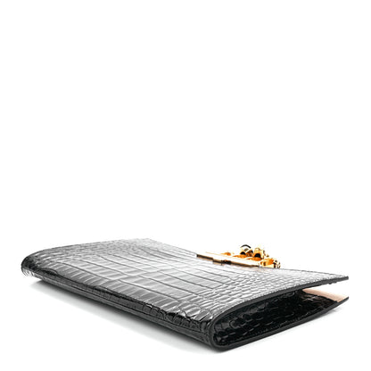 Alexander McQueen Calfskin Crocodile Embossed Knuckle Flat Clutch Black Gold 8 of 11
