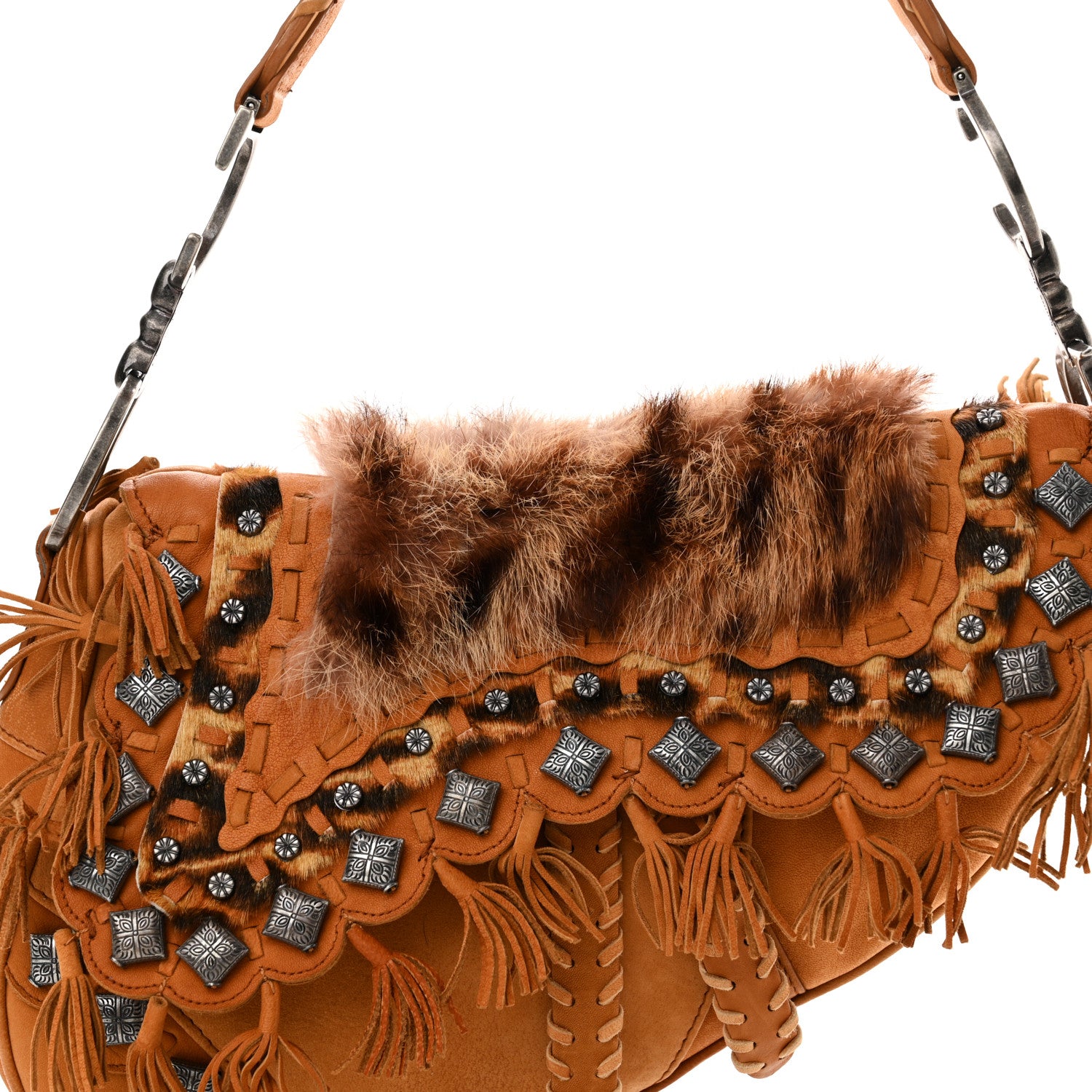 Christian Dior Suede Fur Studded Fringe Saddle Bag Brown 8 of 10
