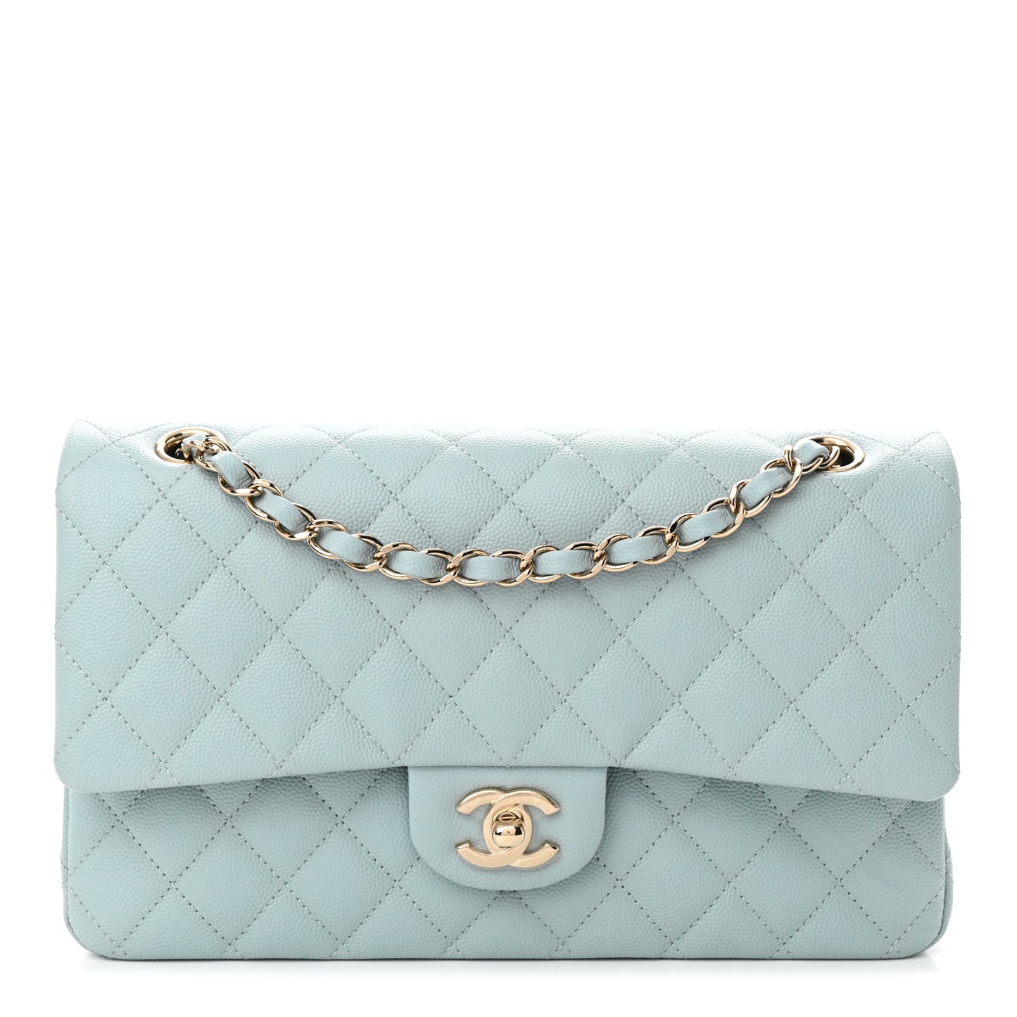 Caviar Quilted Medium Double Flap Light Blue
