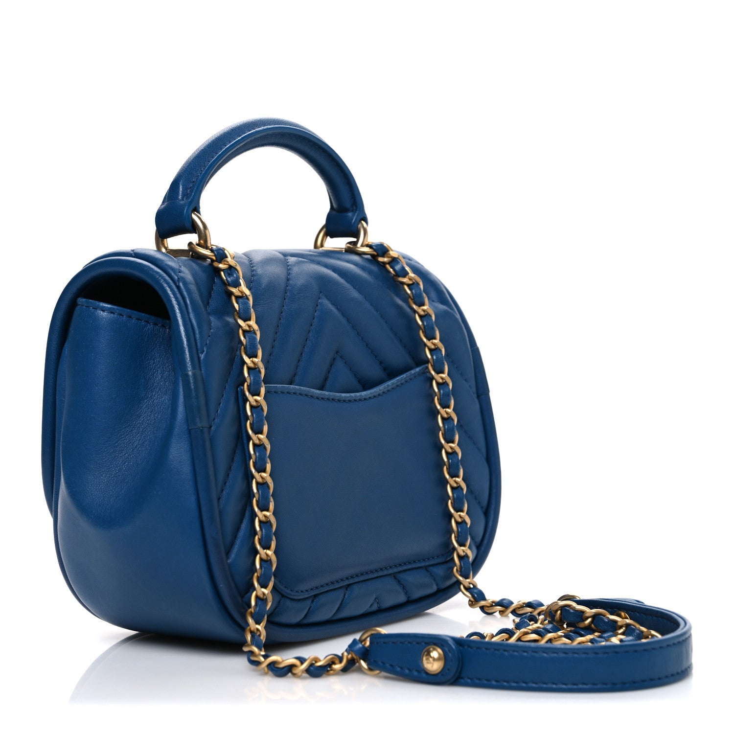 Chanel Lambskin Reverse Chevron Quilted Mini Round Top Handle Flap Blue 3 of 10