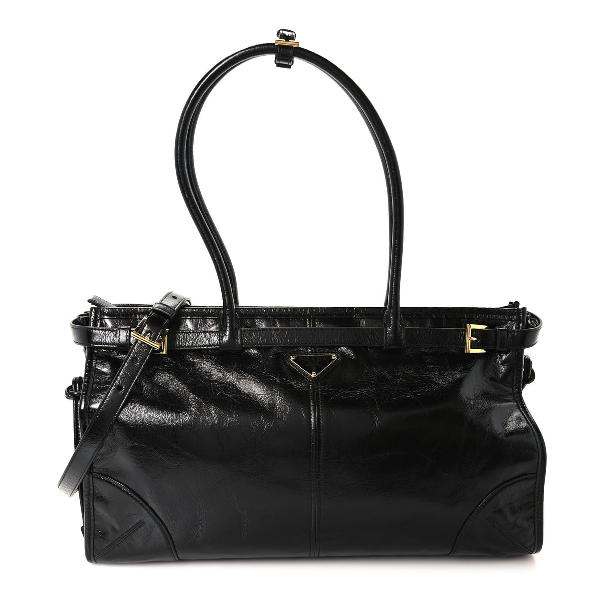 Prada Glossy Calfskin Triangle Large Bonnie Shoulder Bag Black 1 of 9