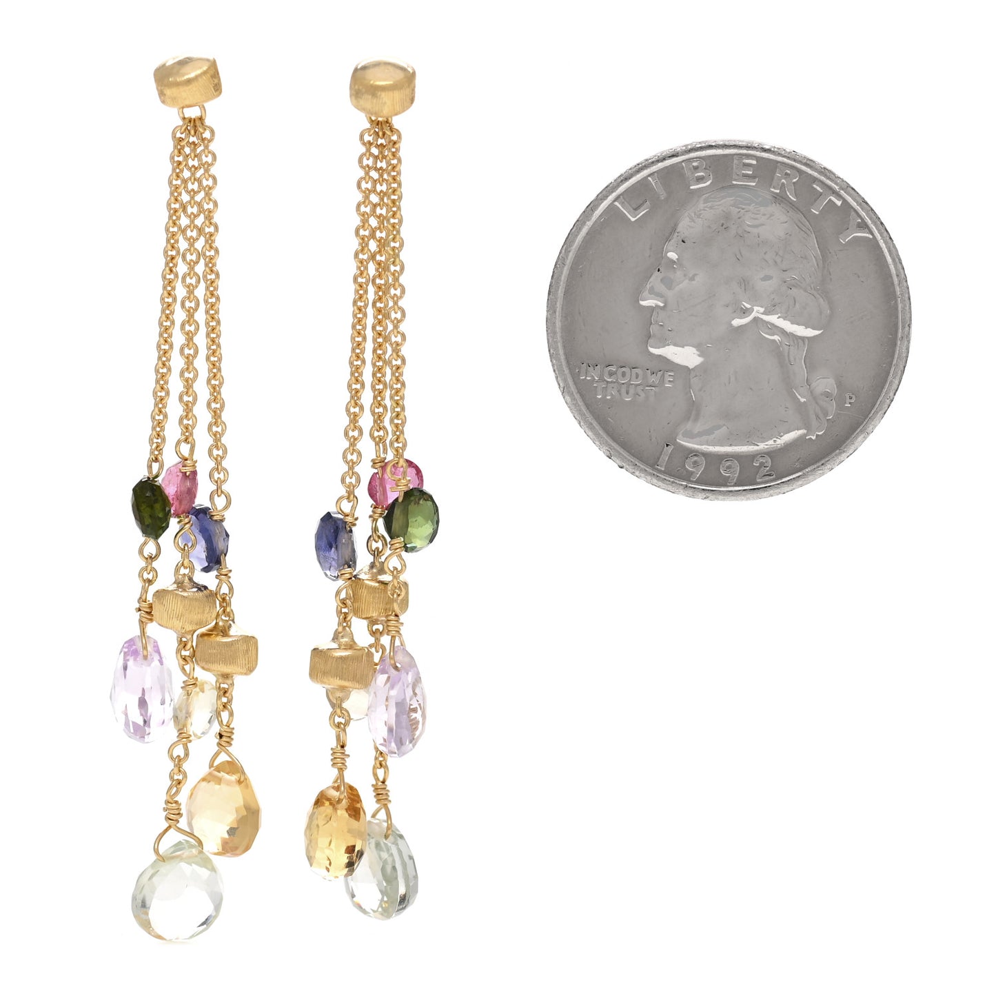 18K Yellow Gold Multi Gemstone Paradise Three-Strand Long Drop Earrings