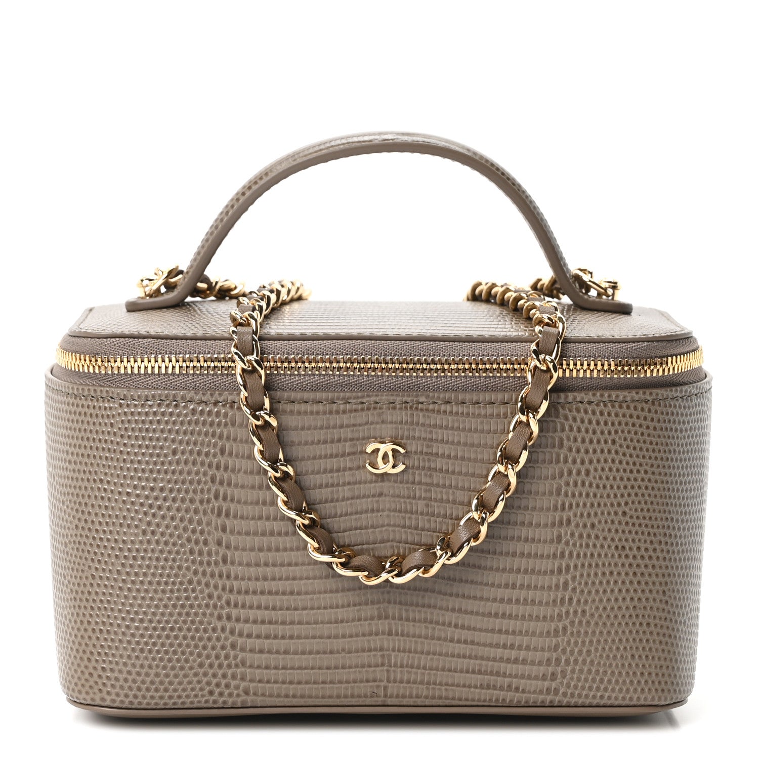 Chanel Calfskin Lizard Embossed Top Handle Vanity With Chain Dark Khaki 1 of 11