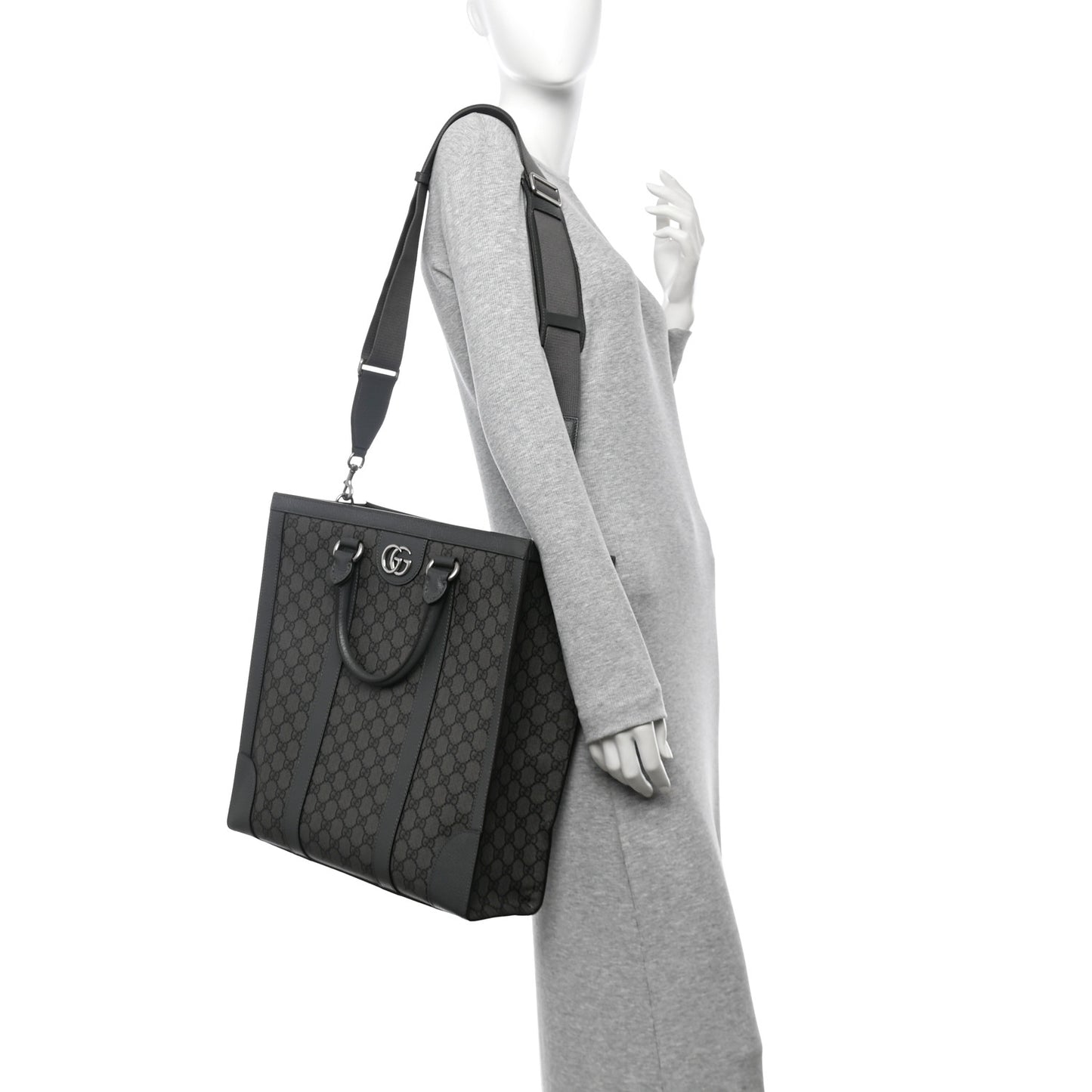 GG Supreme Monogram Textured Dollar Calfskin Medium Ophidia Tote Grey Black Graphite Grey