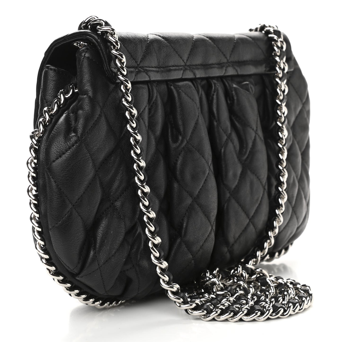 Washed Lambskin Quilted Medium Chain Around Messenger Black