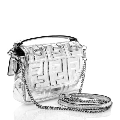 Fendi Vitello Catalan Mirror FF 1974 Embossed Mini Baguette Argento 2 of 9