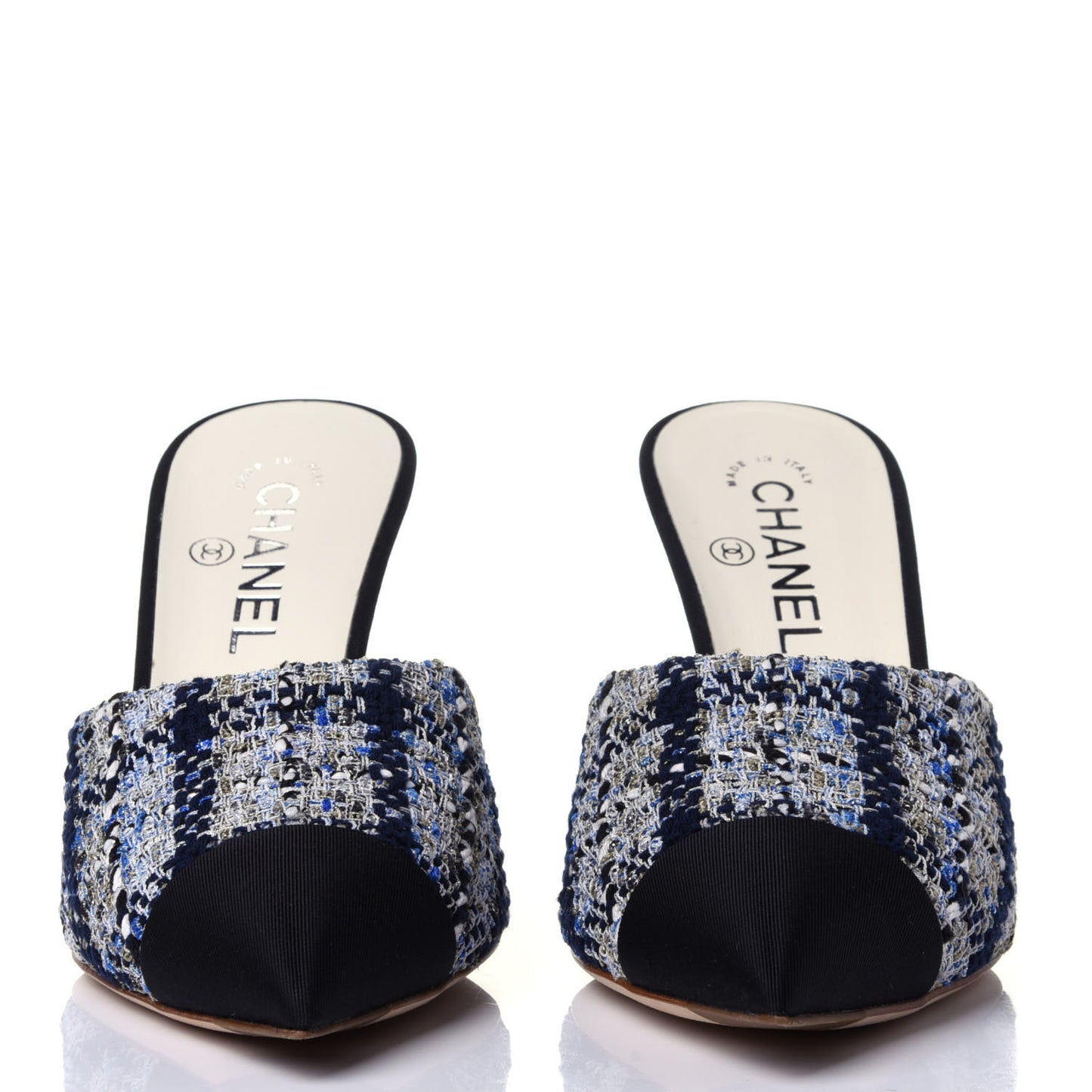 Tweed Grosgrain Pearl Mules 39 Navy White Black