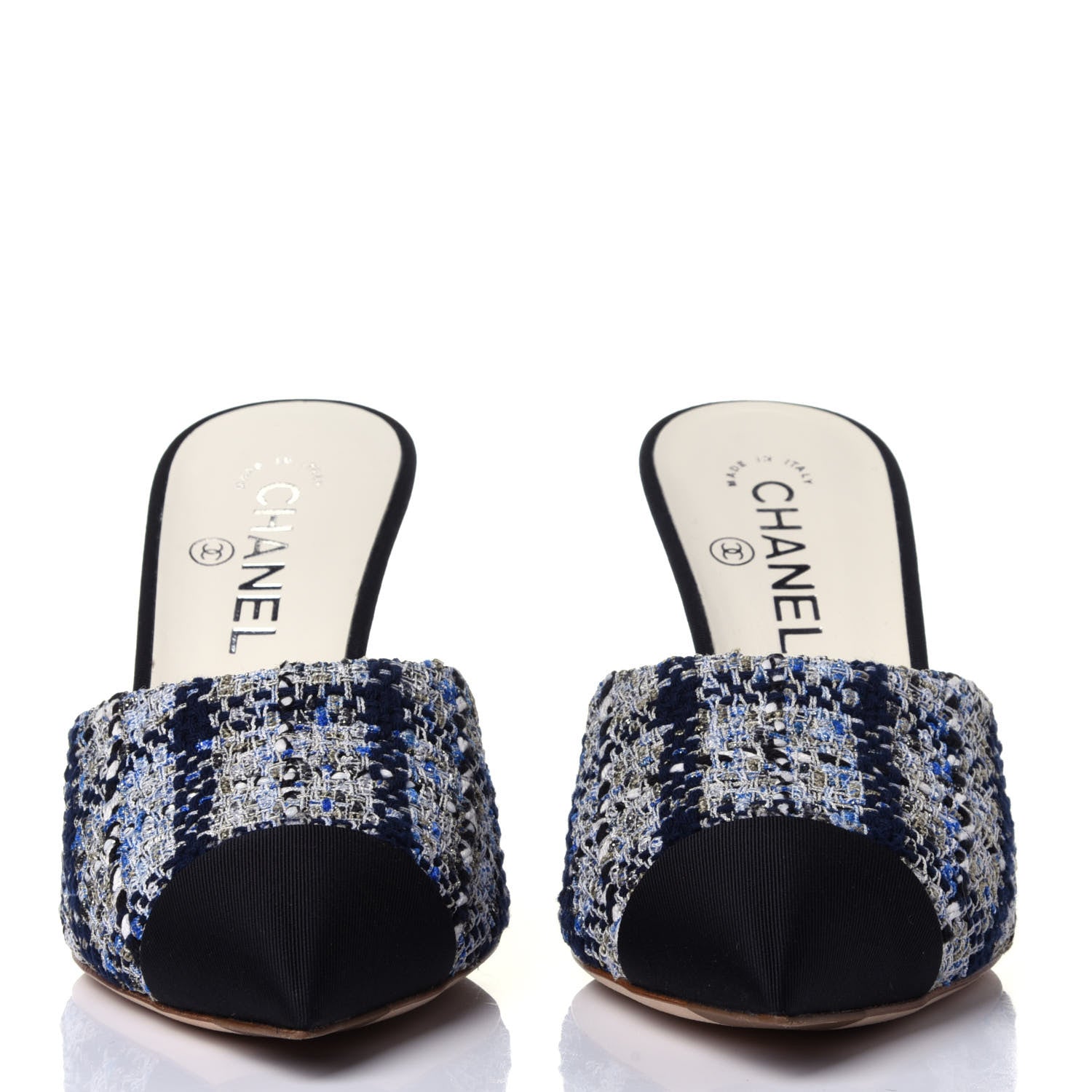 Chanel Tweed Grosgrain Pearl Mules 39 Navy White Black 2 of 13