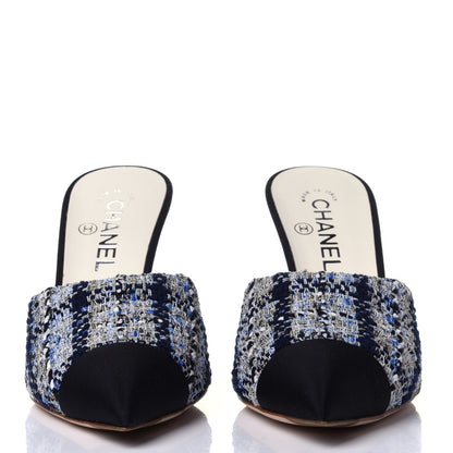 Chanel Tweed Grosgrain Pearl Mules 39 Navy White Black 2 of 13