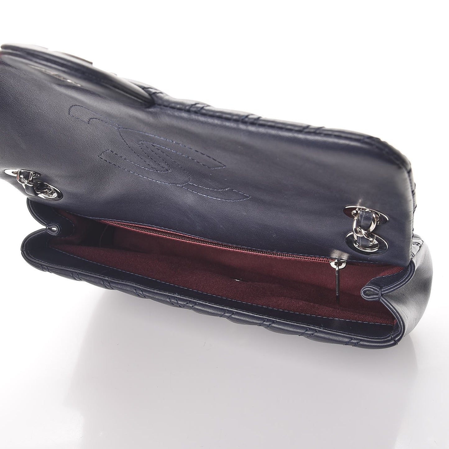 Lambskin Chevron Double Stitch Medium Single Flap Navy