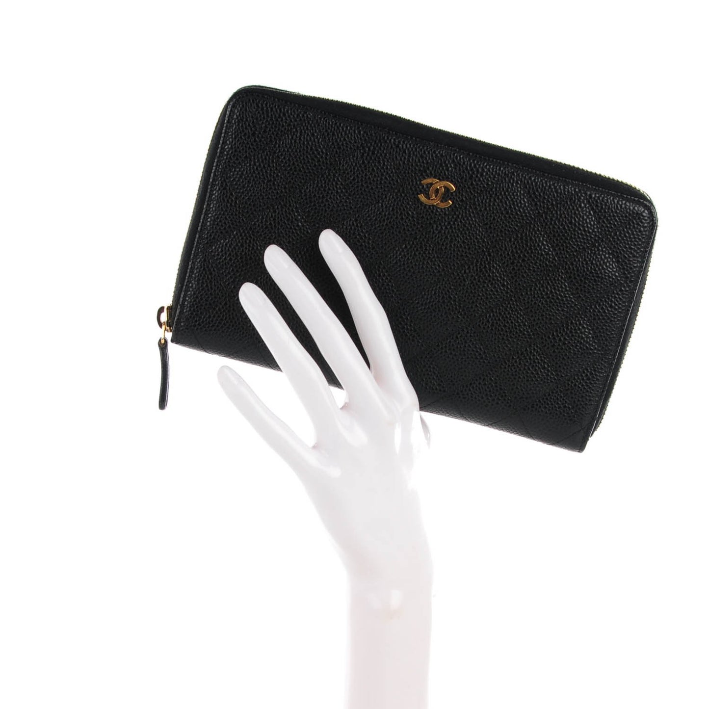 Caviar Quilted Large Zip Around Wallet Black