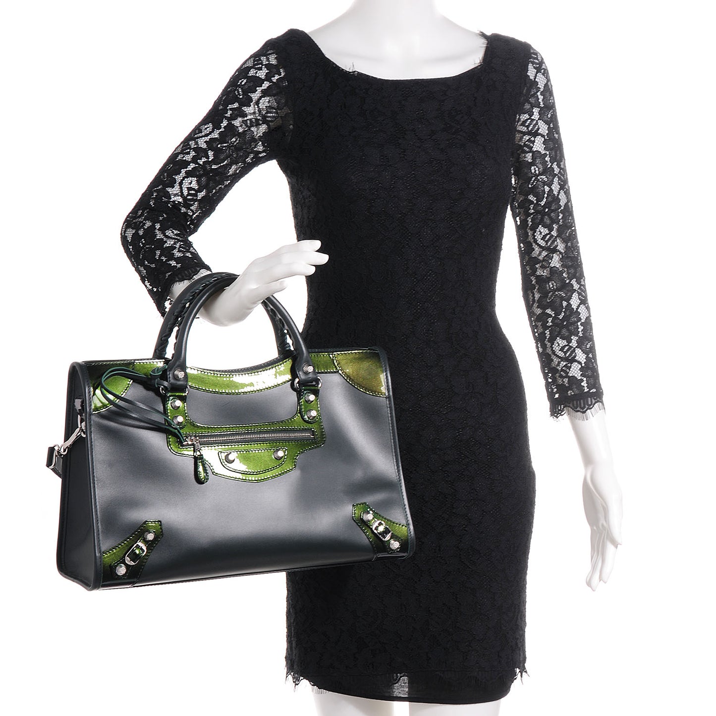 Smooth Calfskin Metallic Patent Giant 12 Silver Hardware City Vert Poker Fonce