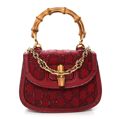 Gucci Moire Fabric Calfskin Rhinestone Monogram Monochrome Lizard Embossed Mini Bamboo 1947 Top Handle Chain Bag Red 1 of 9