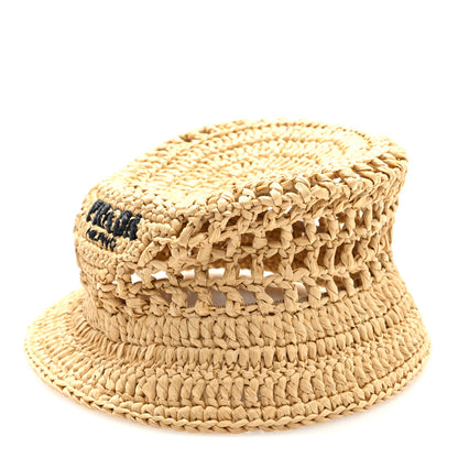 Prada Yarn Raffia Effect Crochet Logo Embroidered Womens Bucket Hat L Naturale 1 of 8