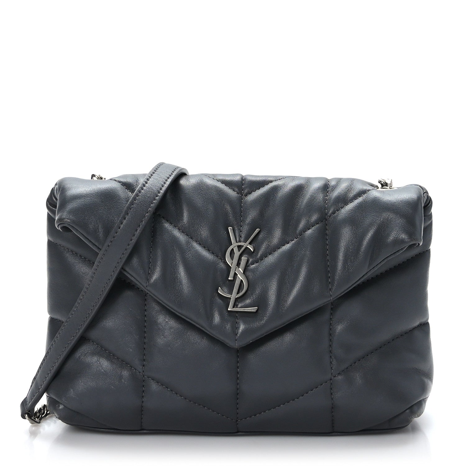 Saint Laurent Lambskin Quilted Toy Loulou Puffer Monogram Chain Satchel Storm 1 of 9