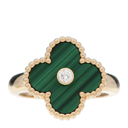 Van Cleef & Arpels 18K Yellow Gold Diamond Malachite Vintage Alhambra Ring 52 6 1 of 6