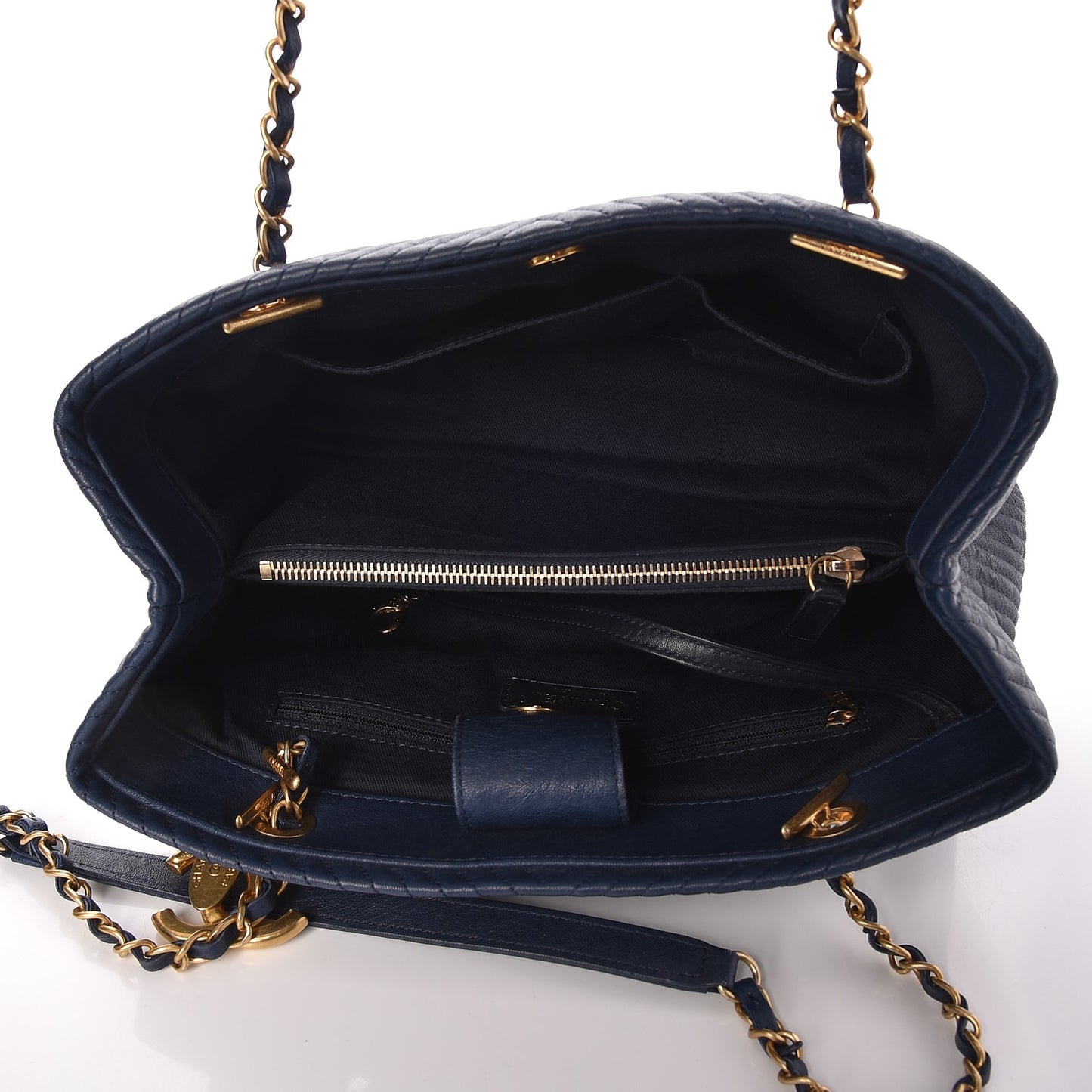 Wrinkled Lambskin Chevron Quilted Surpique Tote Navy Blue