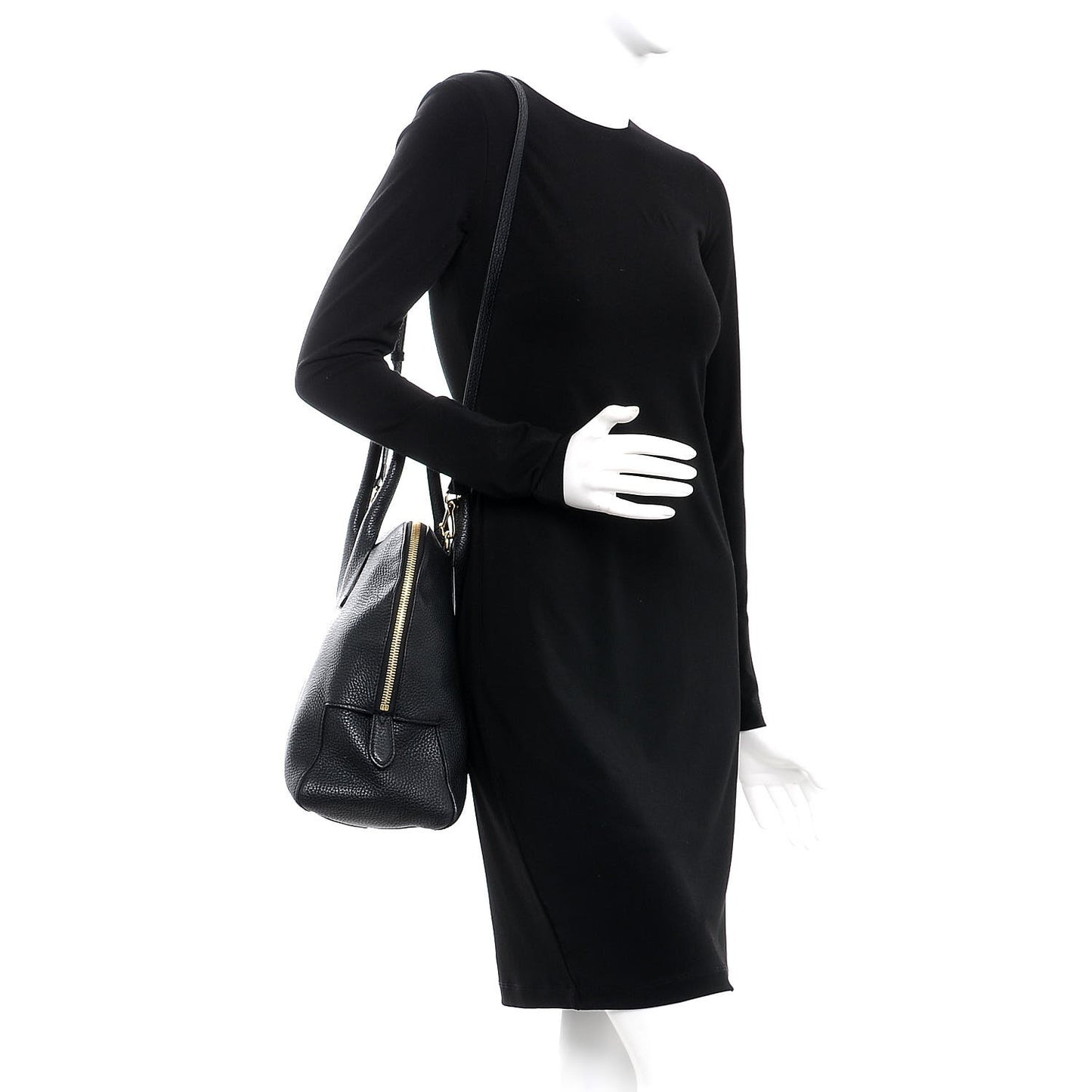 London Grainy Calfskin Medium Greenwood Bowling Bag Black