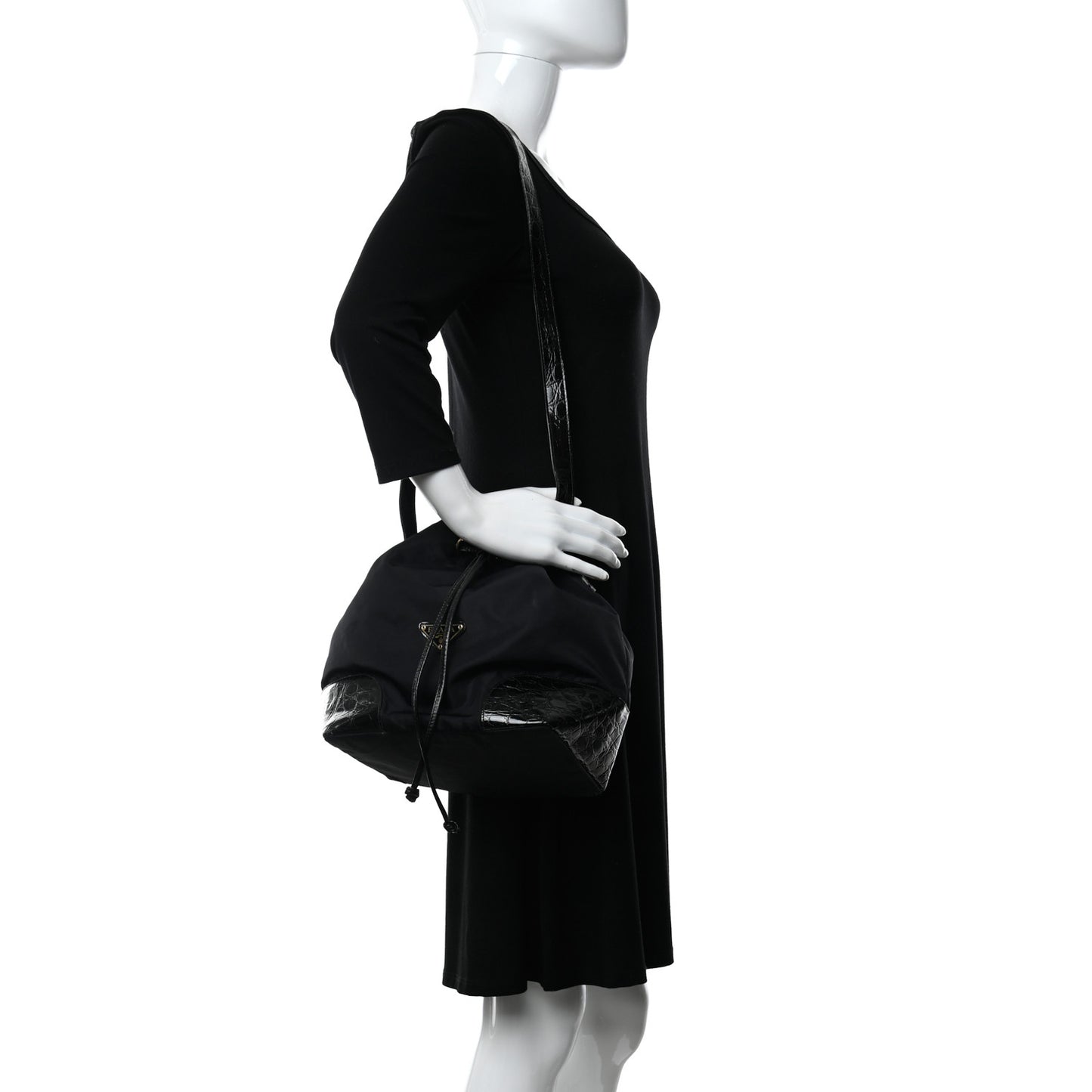 Tessuto Nylon Crocodile Embossed Calfskin Bucket Bag Black