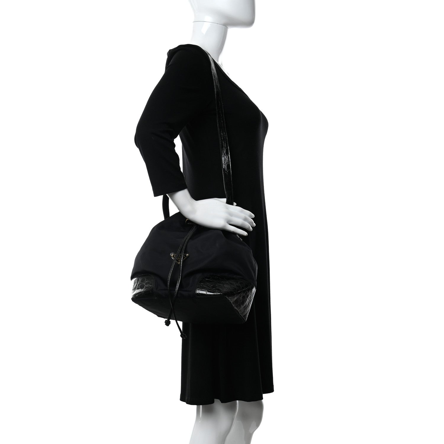 Prada Tessuto Nylon Crocodile Embossed Calfskin Bucket Bag Black 2 of 12