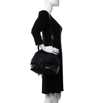 Prada Tessuto Nylon Crocodile Embossed Calfskin Bucket Bag Black 2 of 12