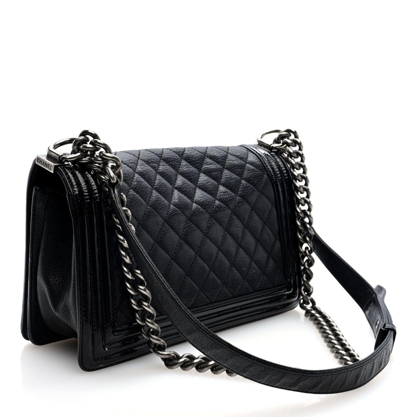 Goatskin Quilted Patent Medium Duo Boy Flap Black