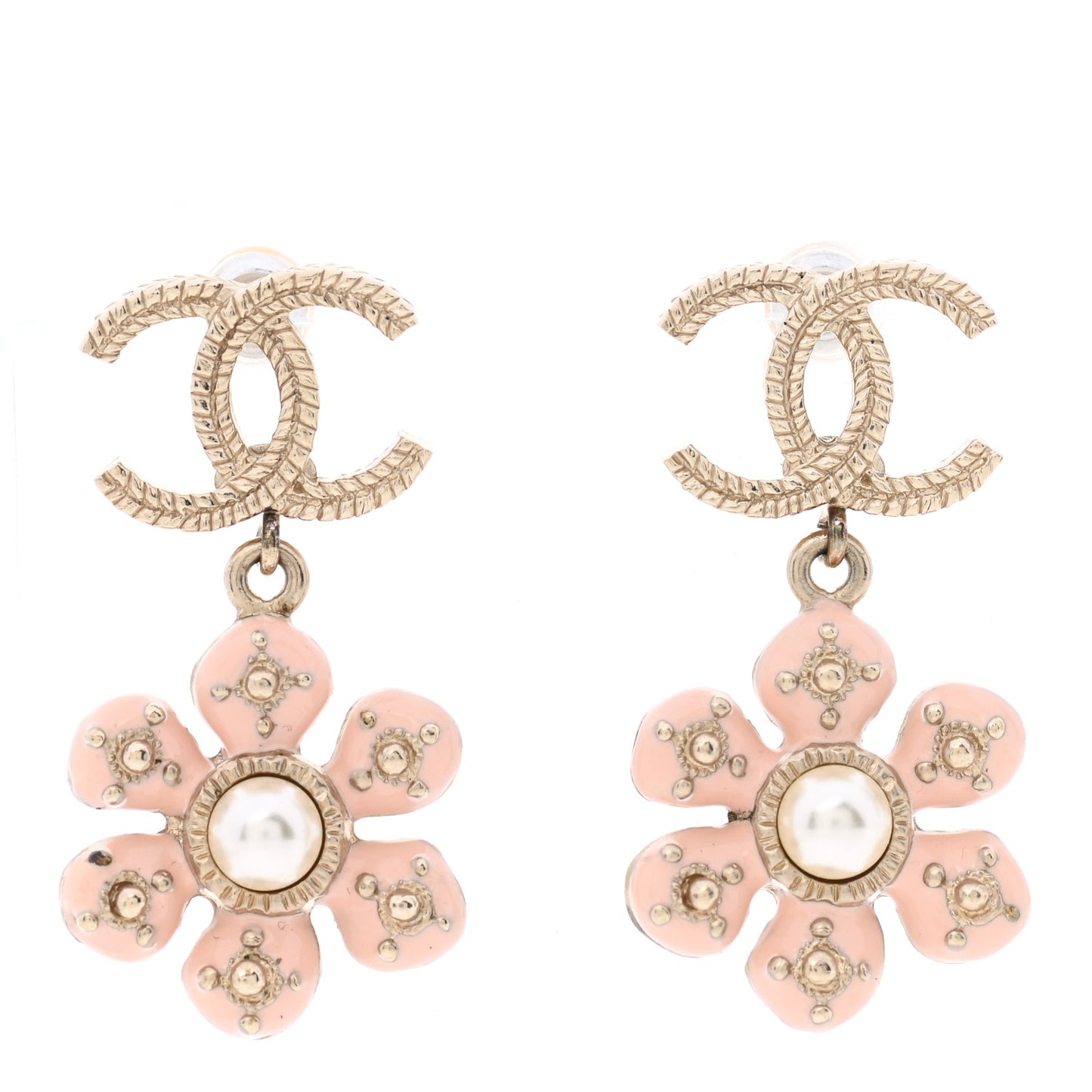 Enamel Pearl CC Flower Earrings Gold Pink
