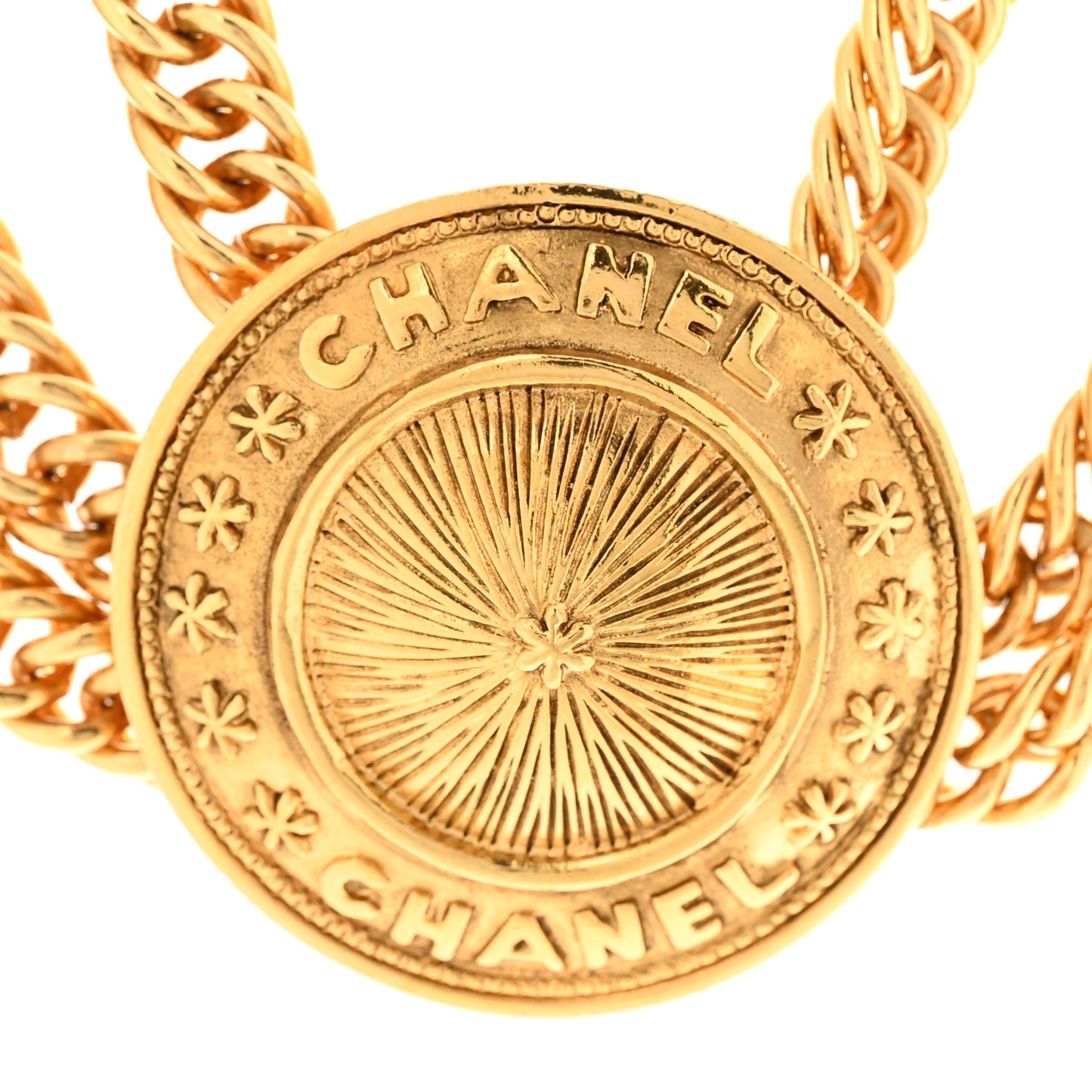 Chain Link Logo Medallion Triple Strand Choker Necklace Gold
