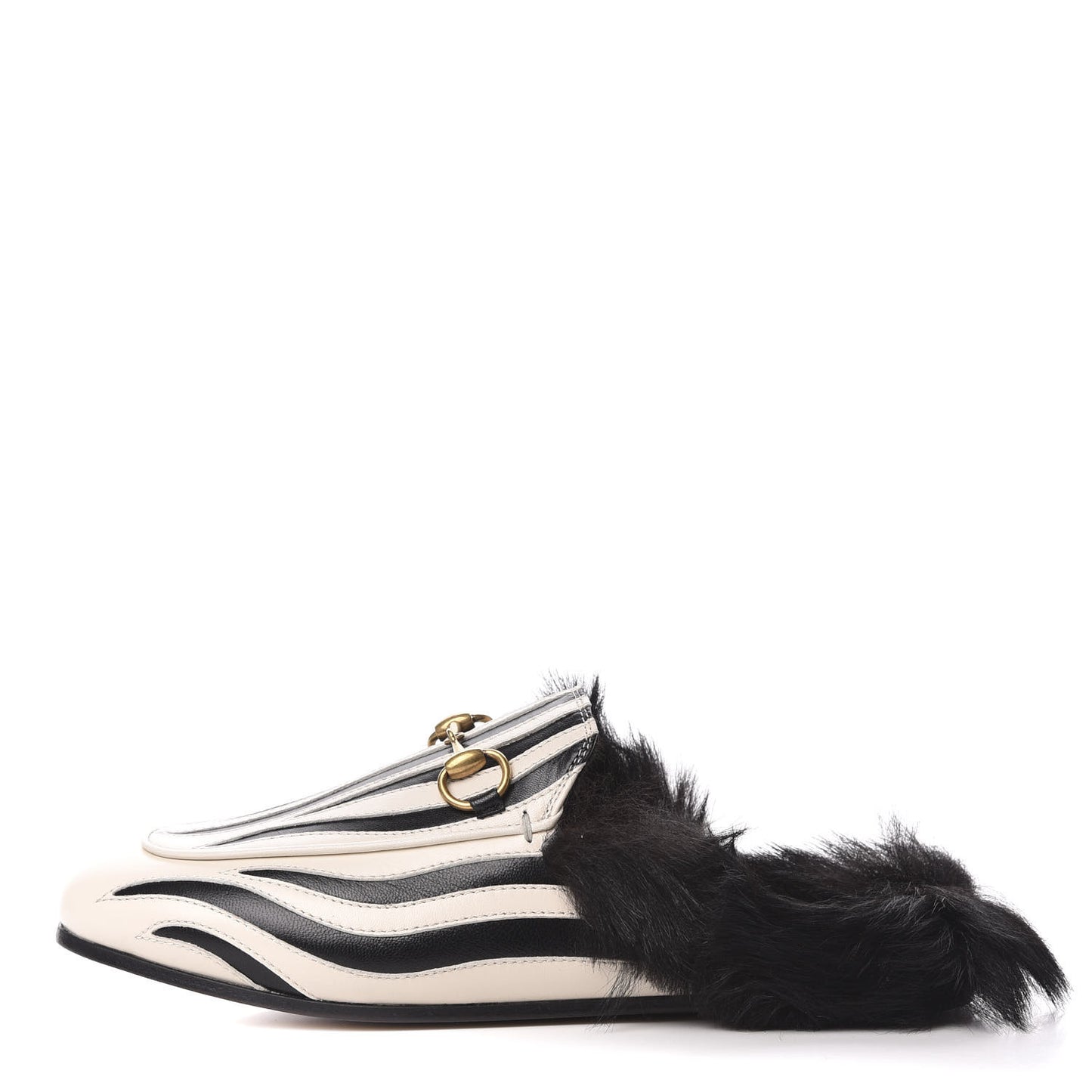 Malaga Kid Fur Zebra Inlay Womens Princetown Slippers 35.5 Mystic White Black