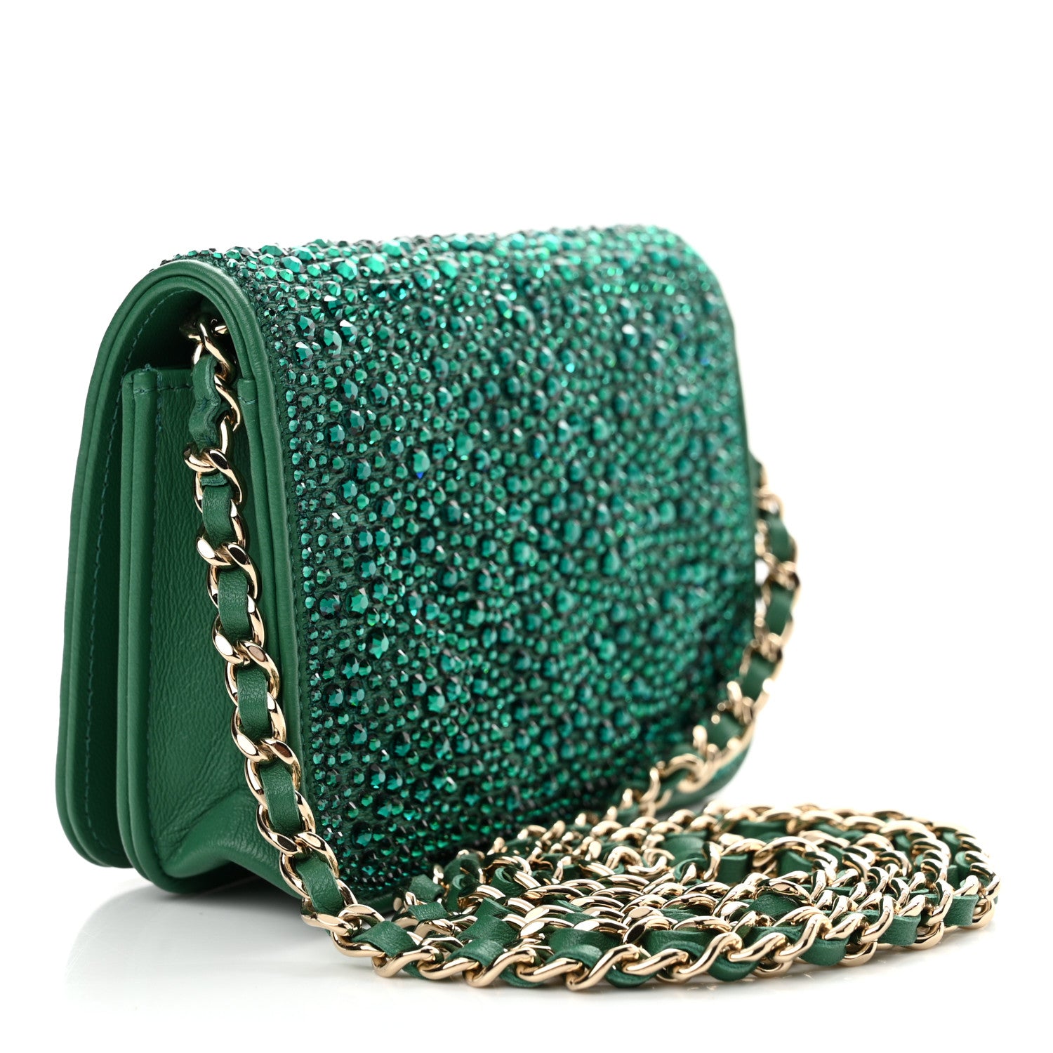 Chanel Lambskin Crystal Diamante Clutch With Chain Green 3 of 11