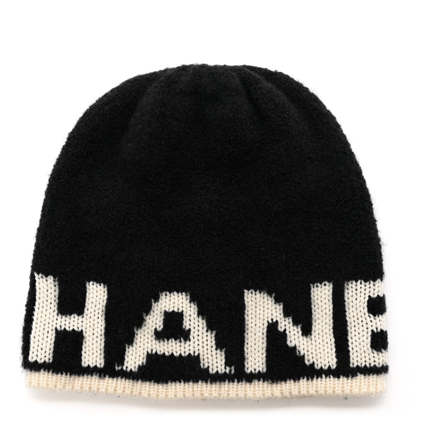 Cashmere Wool Silk Blend Logo Beanie Hat Black White