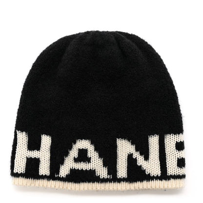 Chanel Cashmere Wool Silk Blend Logo Beanie Hat Black White 1 of 5