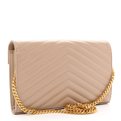 Saint Laurent Grain De Poudre Matelasse Chevron Monogram Chain Wallet Deep Beige 3 of 11