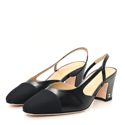 Chanel Goatskin Grosgrain Cap Toe CC Slingback Pumps 37 Black 4 of 10