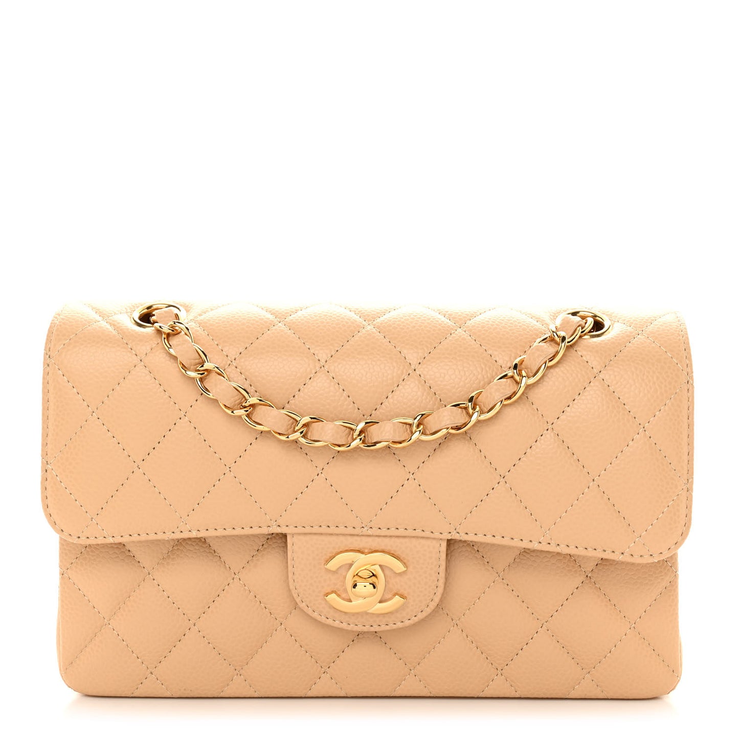 Caviar Quilted Small Double Flap Beige
