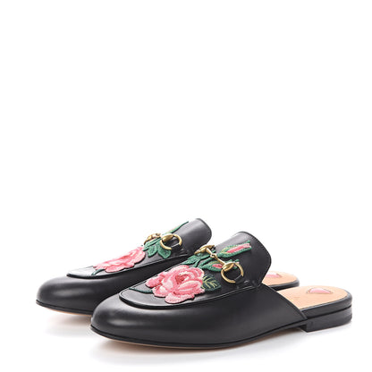 Gucci Calfskin Flower Embroidered Womens Princetown Slippers 37.5 Black 3 of 7