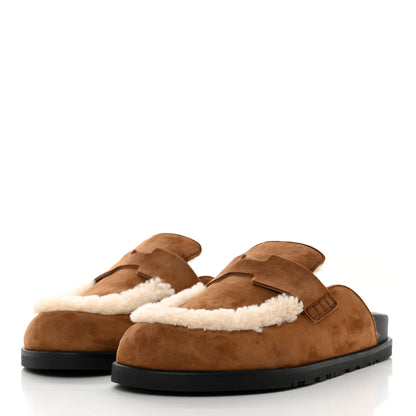 Hermes Suede Goatskin Shearling Go Mules 40 Brun Fume Ecru 3 of 9