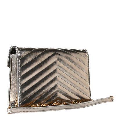 Saint Laurent Metallic Grain De Poudre Matelasse Chevron Monogram Envelope Chain Wallet Piombo Black 2 of 9