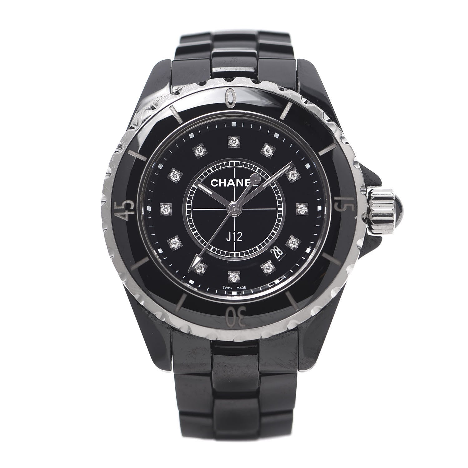 Chanel Stainless Steel Ceramic Diamond 33mm J12 Quartz Watch Black 1 of 6