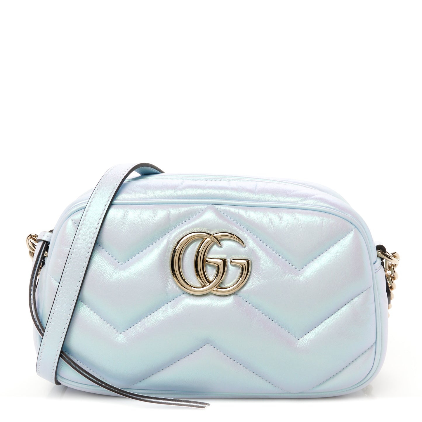 Iridescent Nappa Chevron Matelasse Small GG Marmont Chain Shoulder Bag Iridescent Snow Light Blue