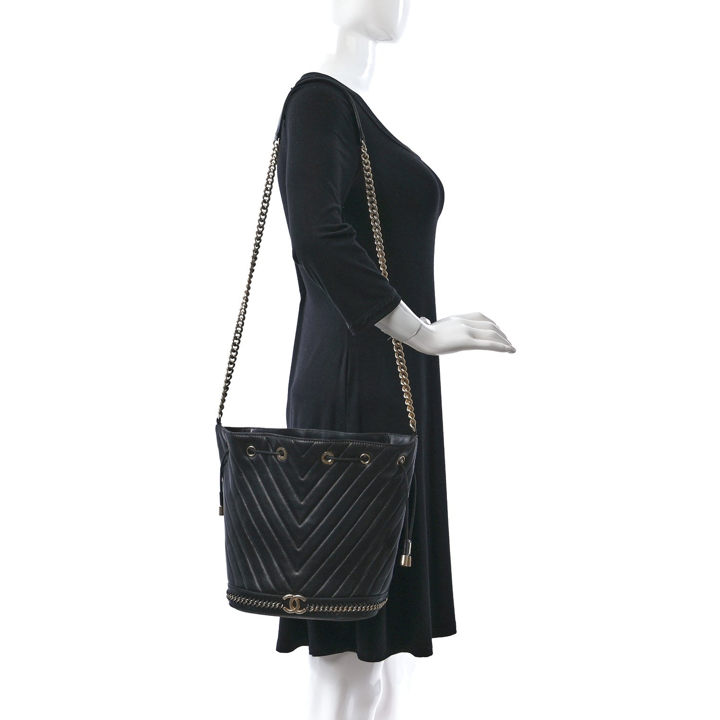 Sheepskin Chevron Quilted Drawstring Bag Black