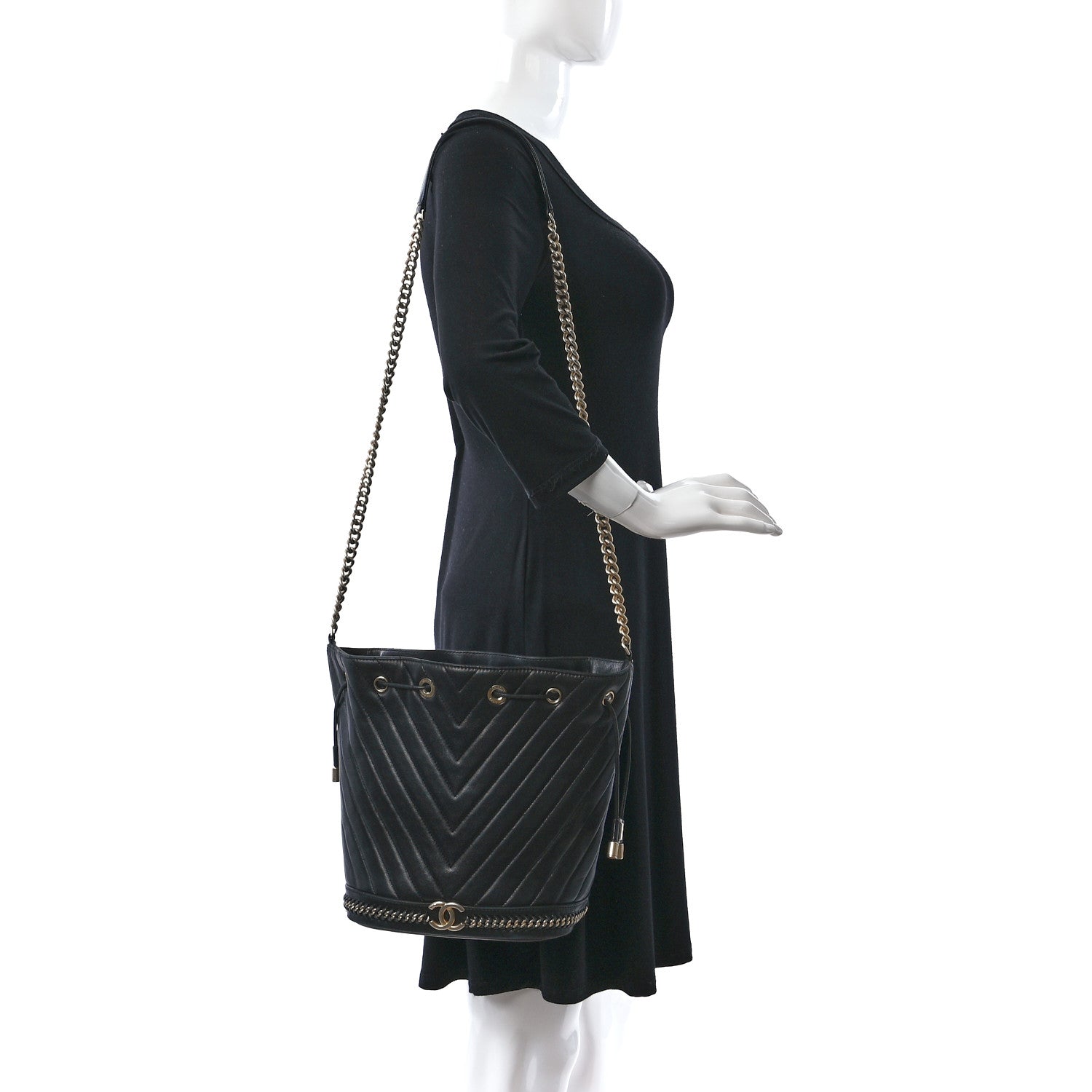 Chanel Sheepskin Chevron Quilted Drawstring Bag Black 2 of 9