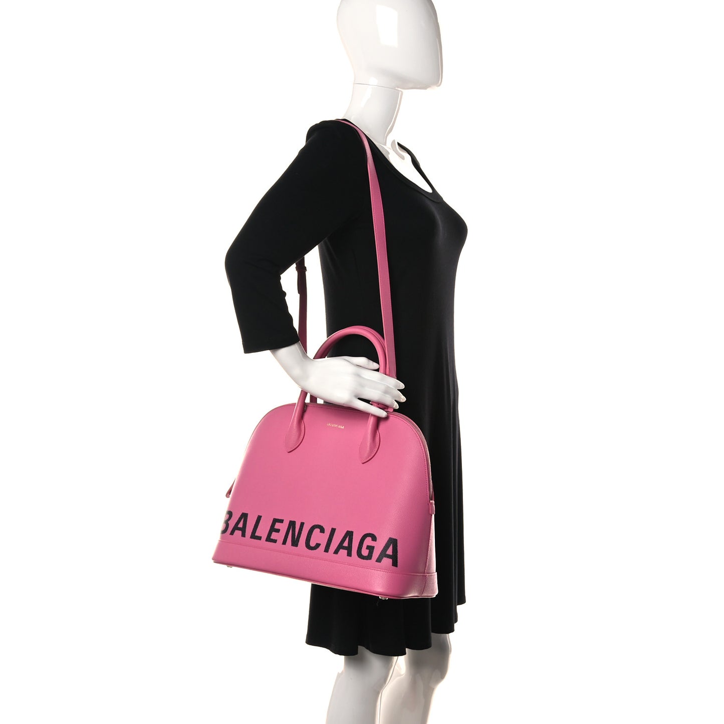 Signature Grained Calfskin Logo M Ville Top Handle Bag Rose Bubblegum Black