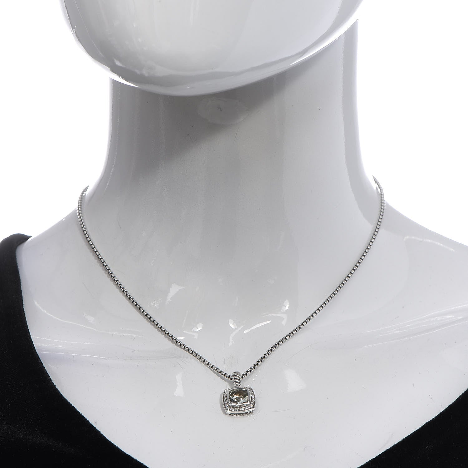David Yurman Sterling Silver Diamond Prasiolite 7mm Petite Albion Pendant Necklace 2 of 7