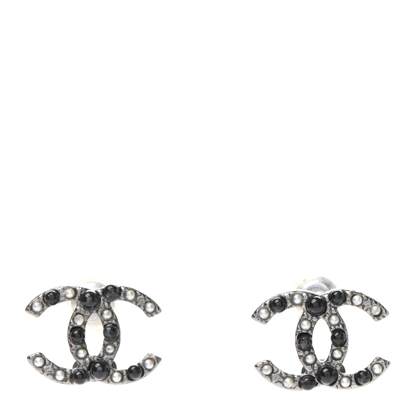 Resin Pearl Crystal CC Earrings Silver Black