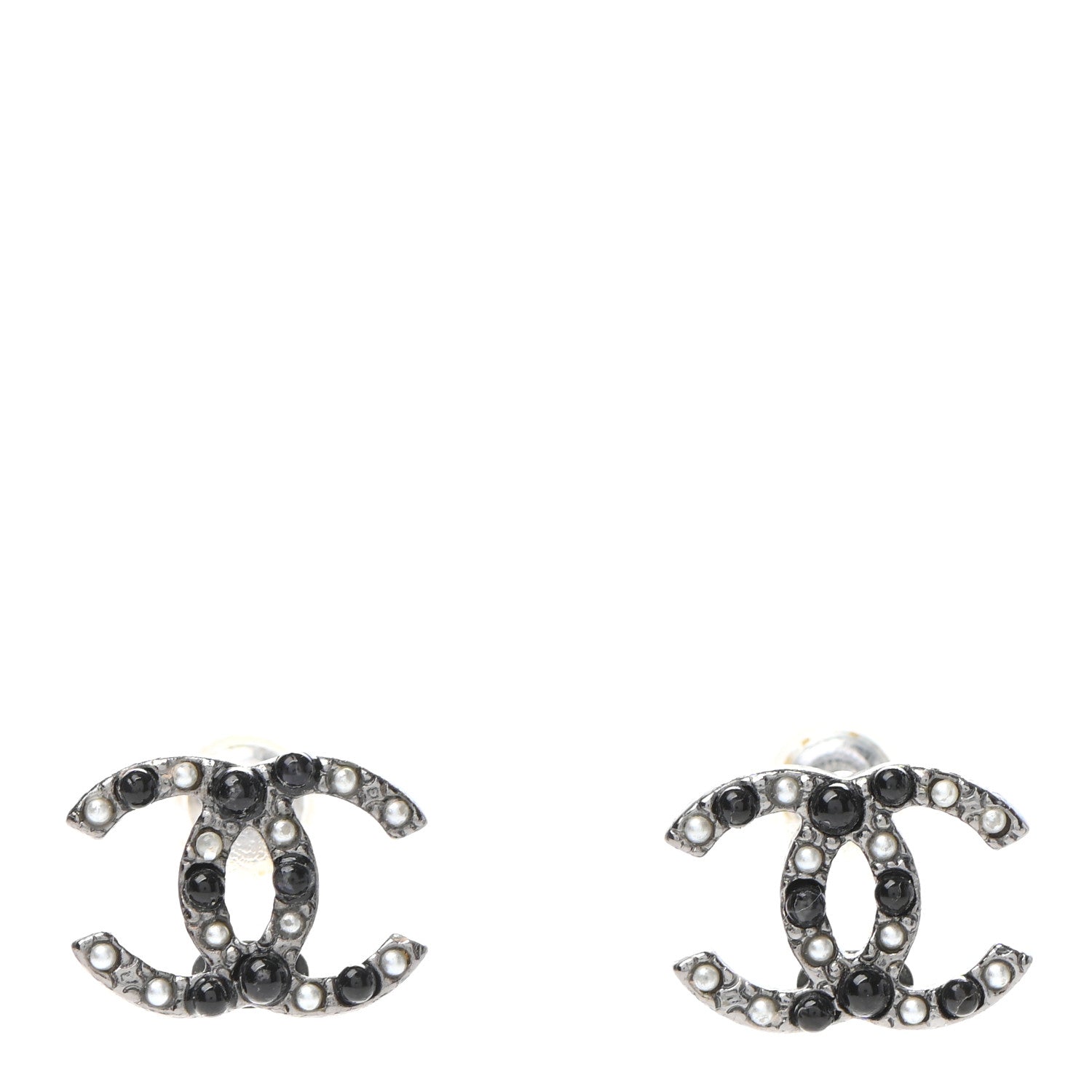 Chanel Resin Pearl Crystal CC Earrings Silver Black 1 of 4