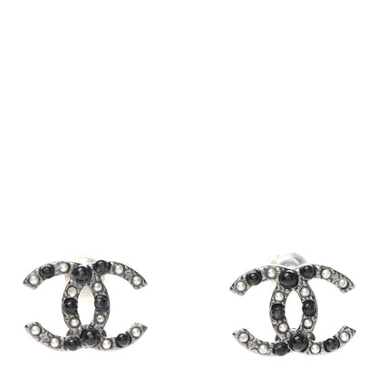 Chanel Resin Pearl Crystal CC Earrings Silver Black 1 of 4