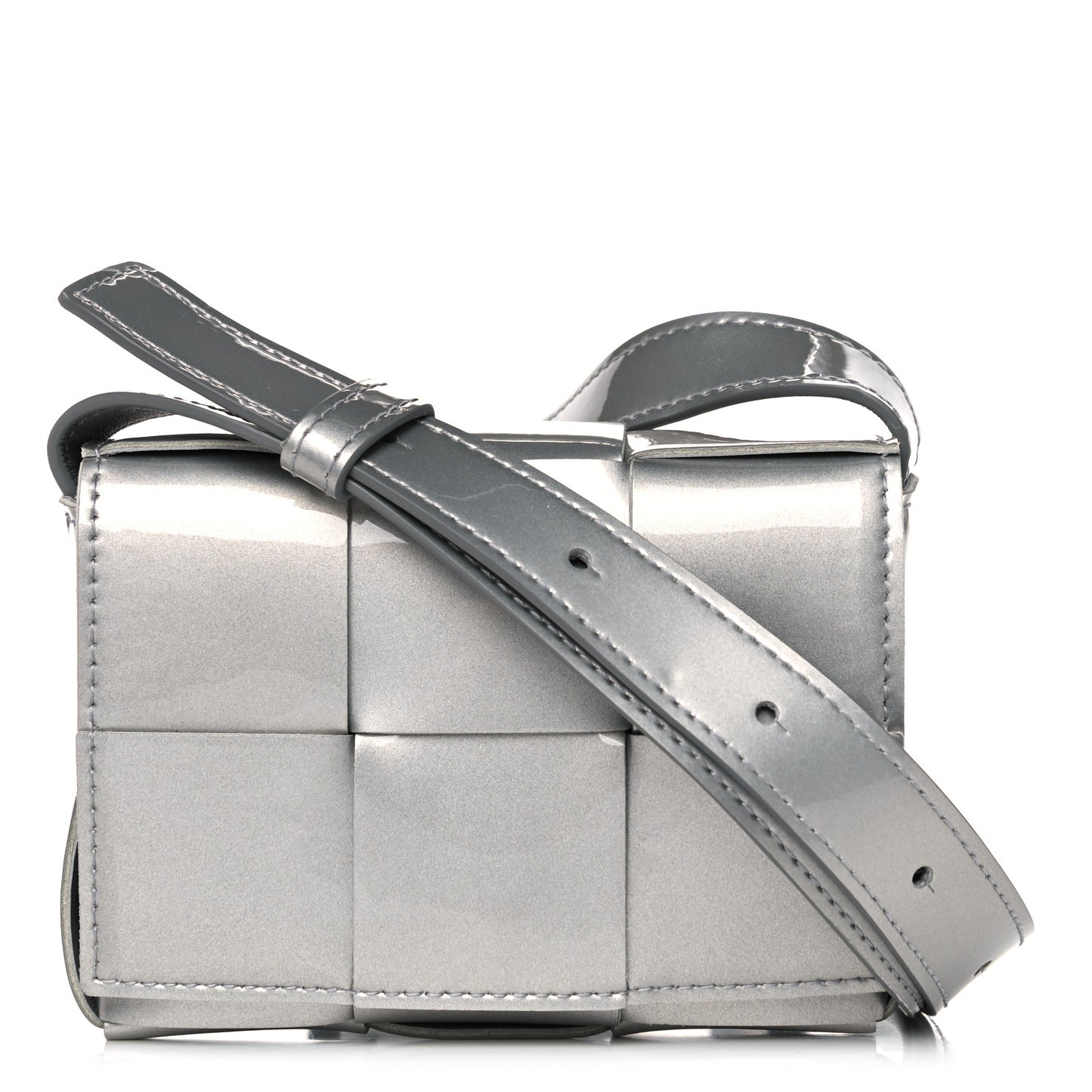 Metallic Patent Calfskin Maxi Intrecciato Extra Mini Cassette Crossbody Bag Silver