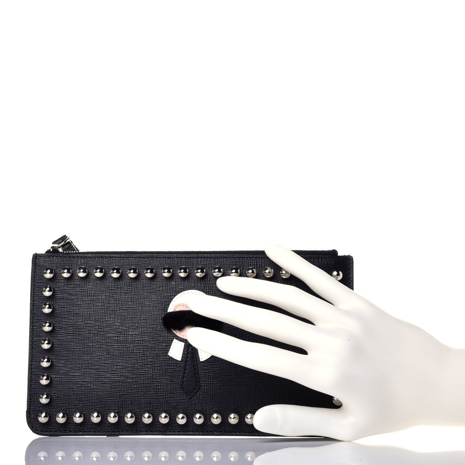 Fendi Vitello Elite Mink Fur Studded Karlito Zip Pouch Black 2 of 9